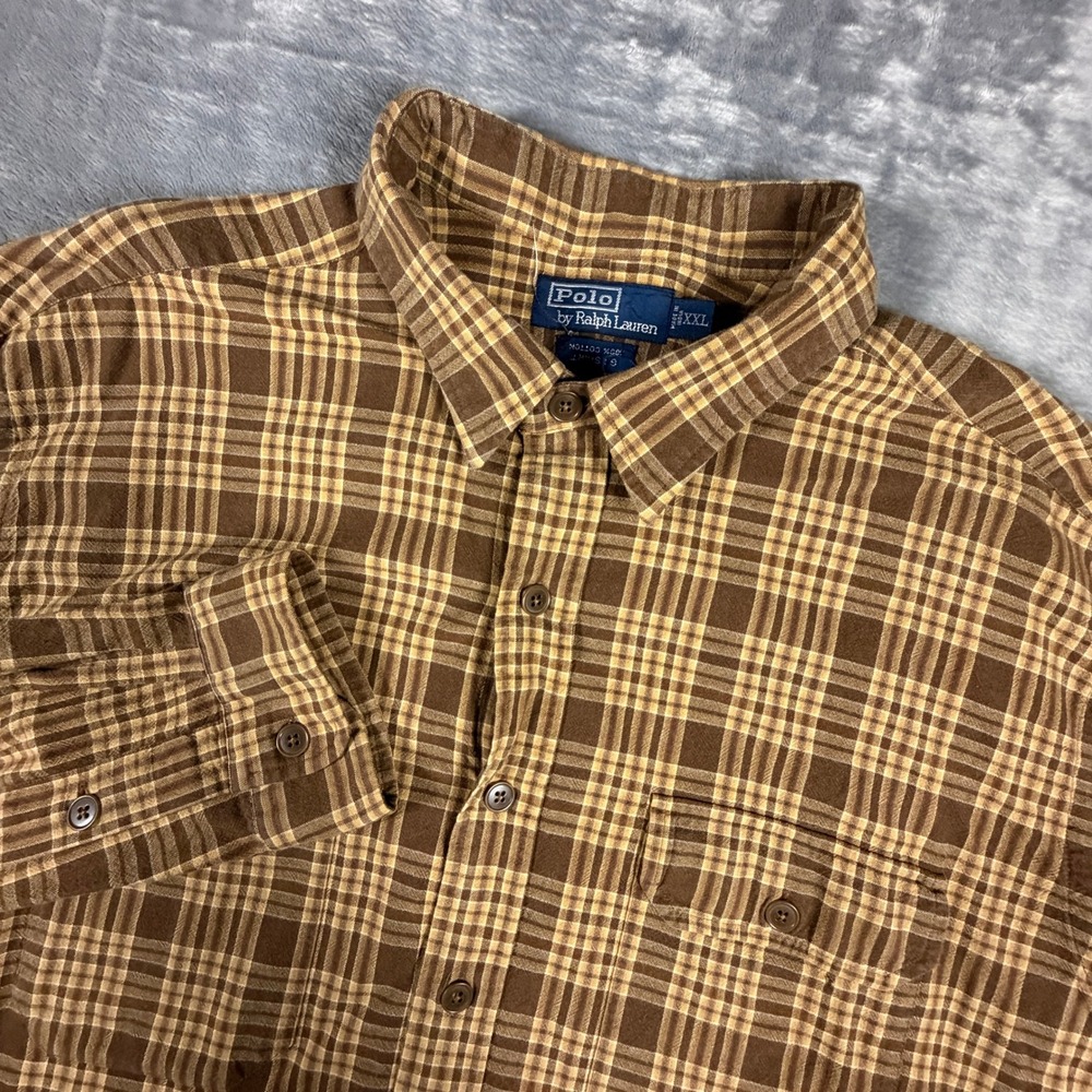 Polo Ralph Lauren Vintage Brown Plaid Flannel Shirt Mens XXL Long Sleeve Cotton